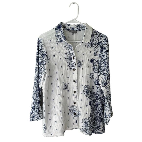 Habitat Floral Crinkled Cotton Button Front Shirt Lagenlook Size Small - Picture 2 of 10